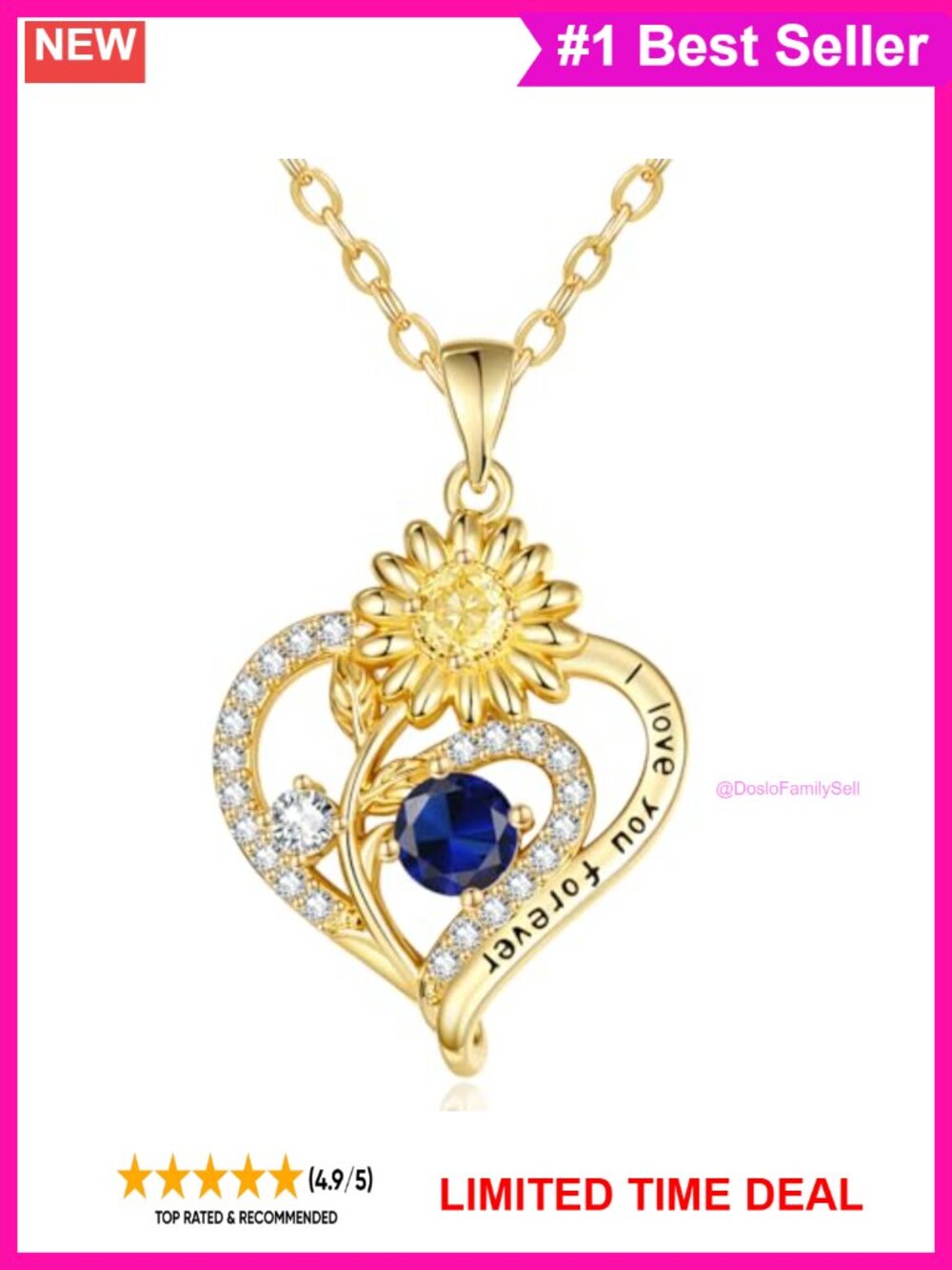 14K Gold Plated Sunflower Heart Necklace Cubic Zirconia Pendant 18in